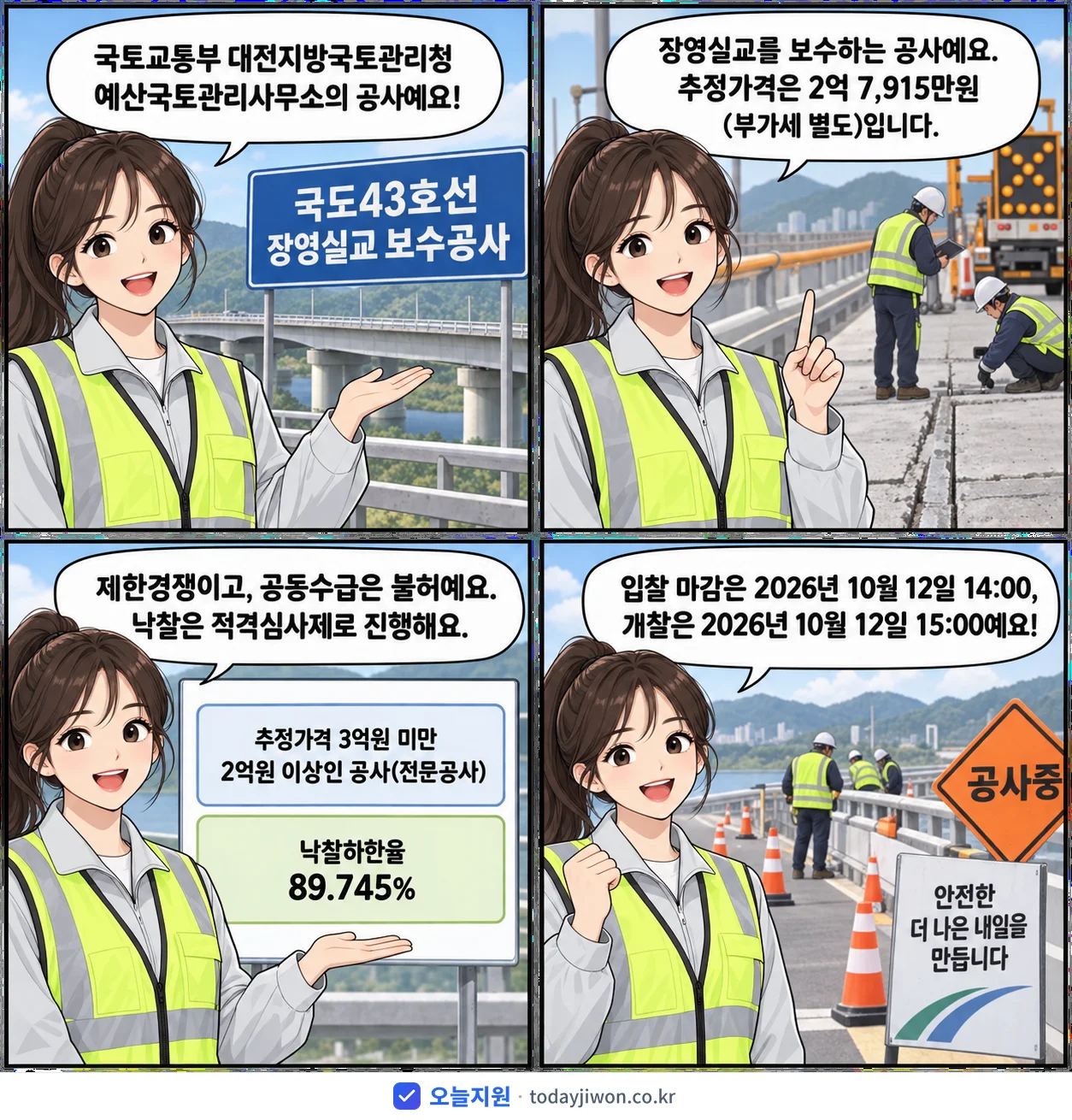 4컷 만화로 보는 공고: 국토교통부 대전지방국토관리청 예산국토관리사무소 '국도43호선 장영실교 보수공사', 추정가격 2억 7,915만원, 입찰 마감 10/12 14:00