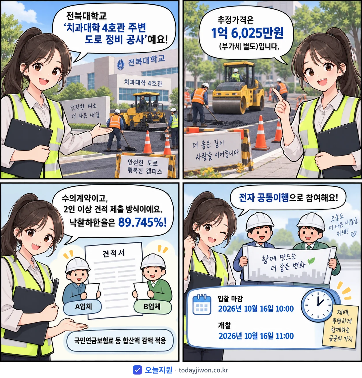 4컷 만화로 보는 공고: 전북대학교 '치과대학 4호관 주변 도로 정비 공사', 추정가격 1억 6,025만원, 입찰 마감 10/16 10:00