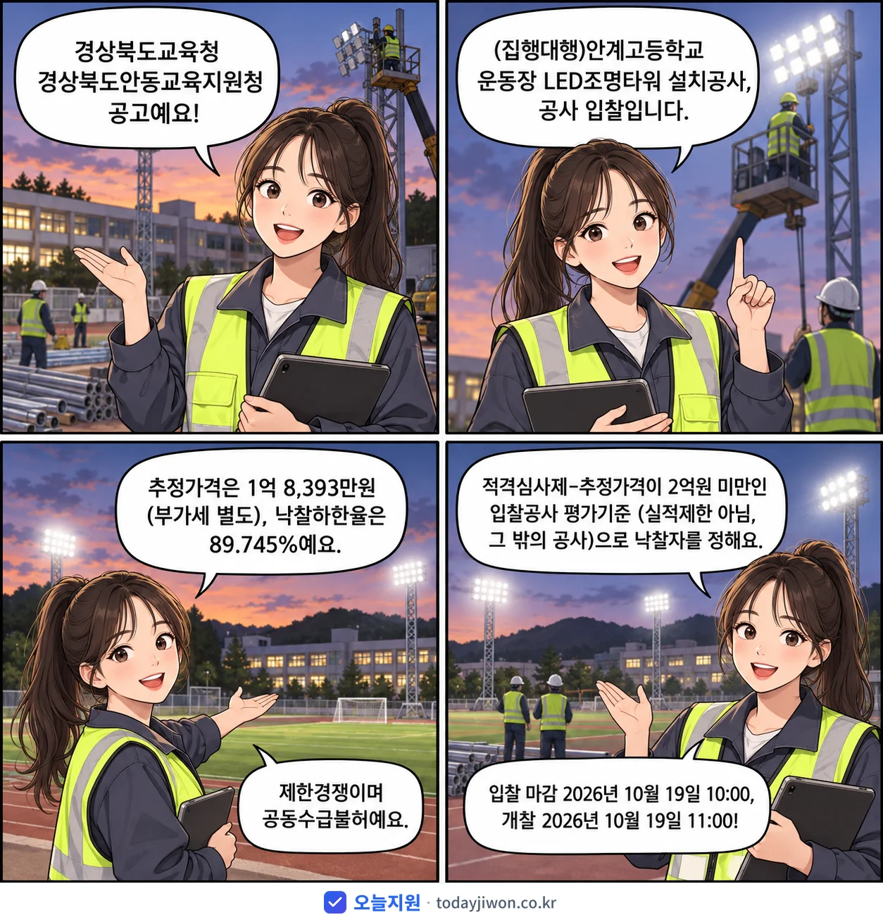 4컷 만화로 보는 공고: 경상북도교육청 경상북도안동교육지원청 '(집행대행)안계고등학교 운동장 LED조명타워 설치공사', 추정가격 1억 8,393만원, 입찰 마감 10/19 10:00