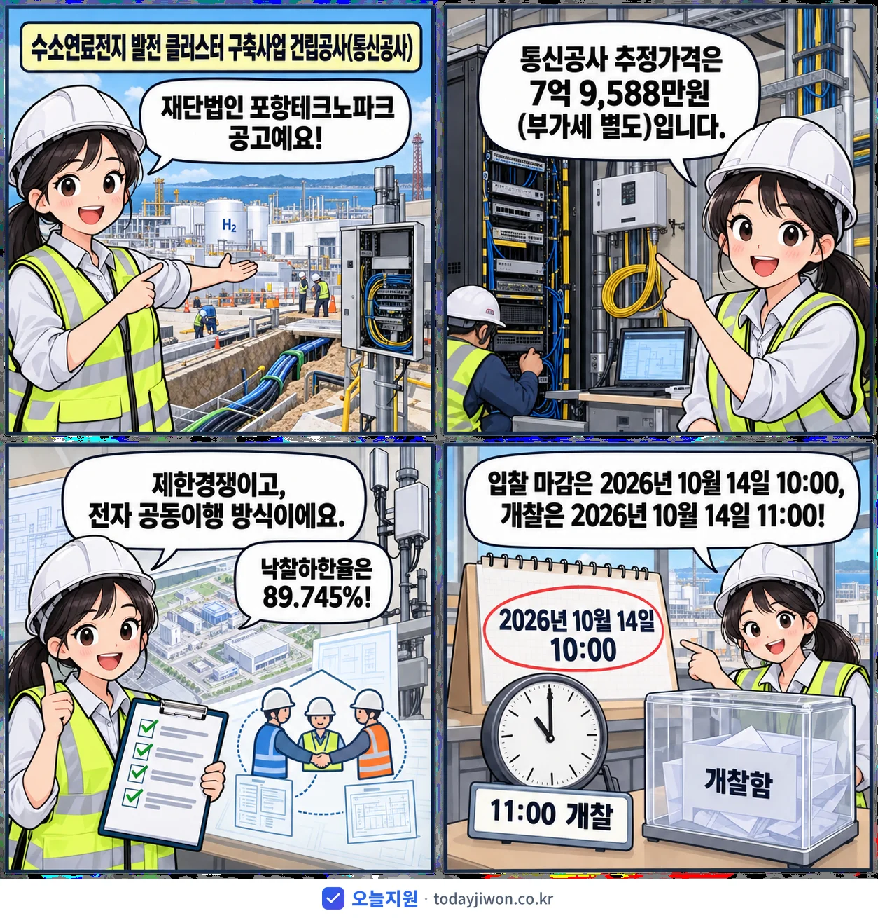 4컷 만화로 보는 공고: 재단법인 포항테크노파크 '수소연료전지 발전 클러스터 구축사업 건립공사(통신공사)', 추정가격 7억 9,588만원, 입찰 마감 10/14 10:00