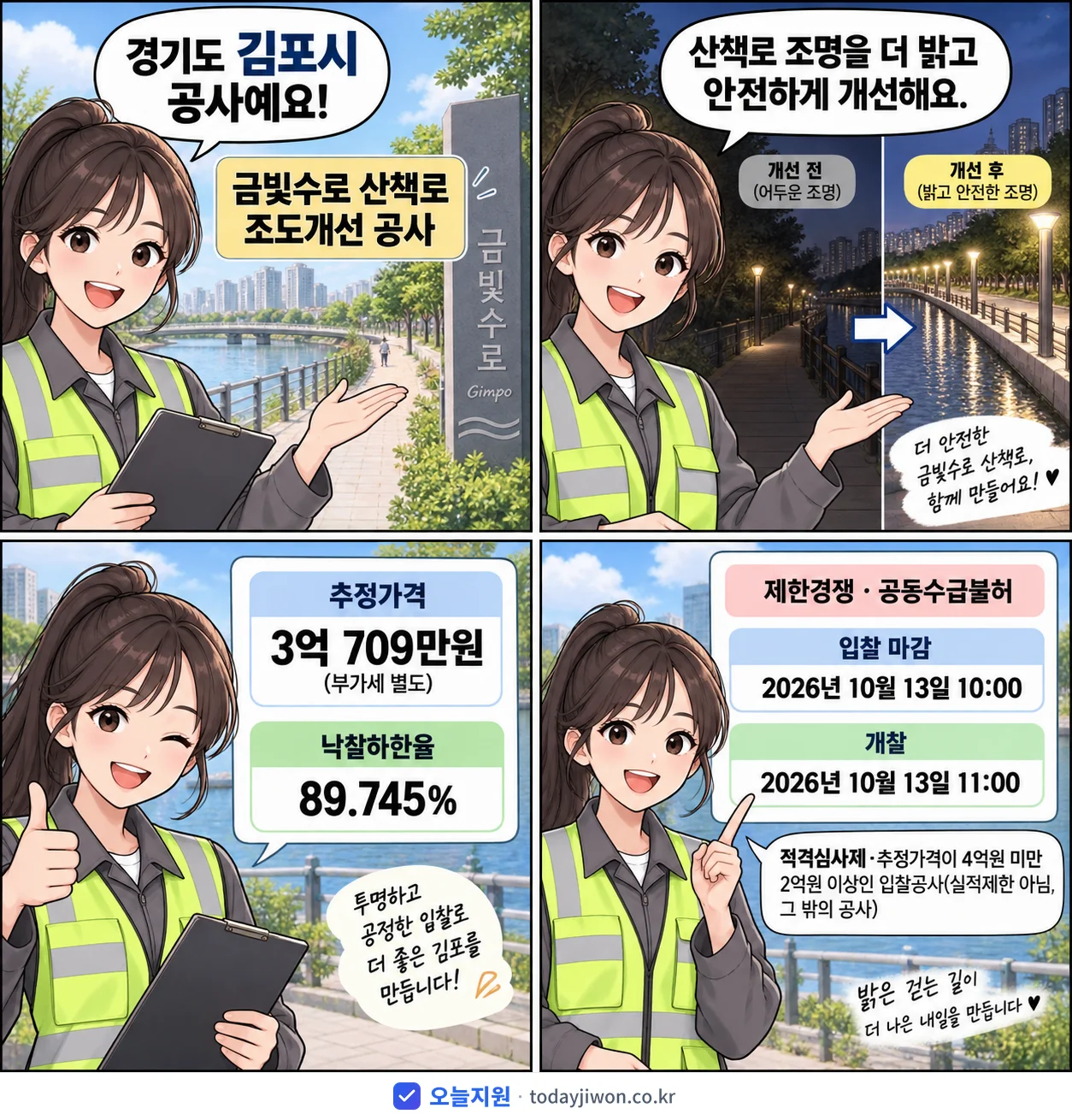 4컷 만화로 보는 공고: 경기도 김포시 '금빛수로 산책로 조도개선 공사', 추정가격 3억 709만원, 입찰 마감 10/13 10:00