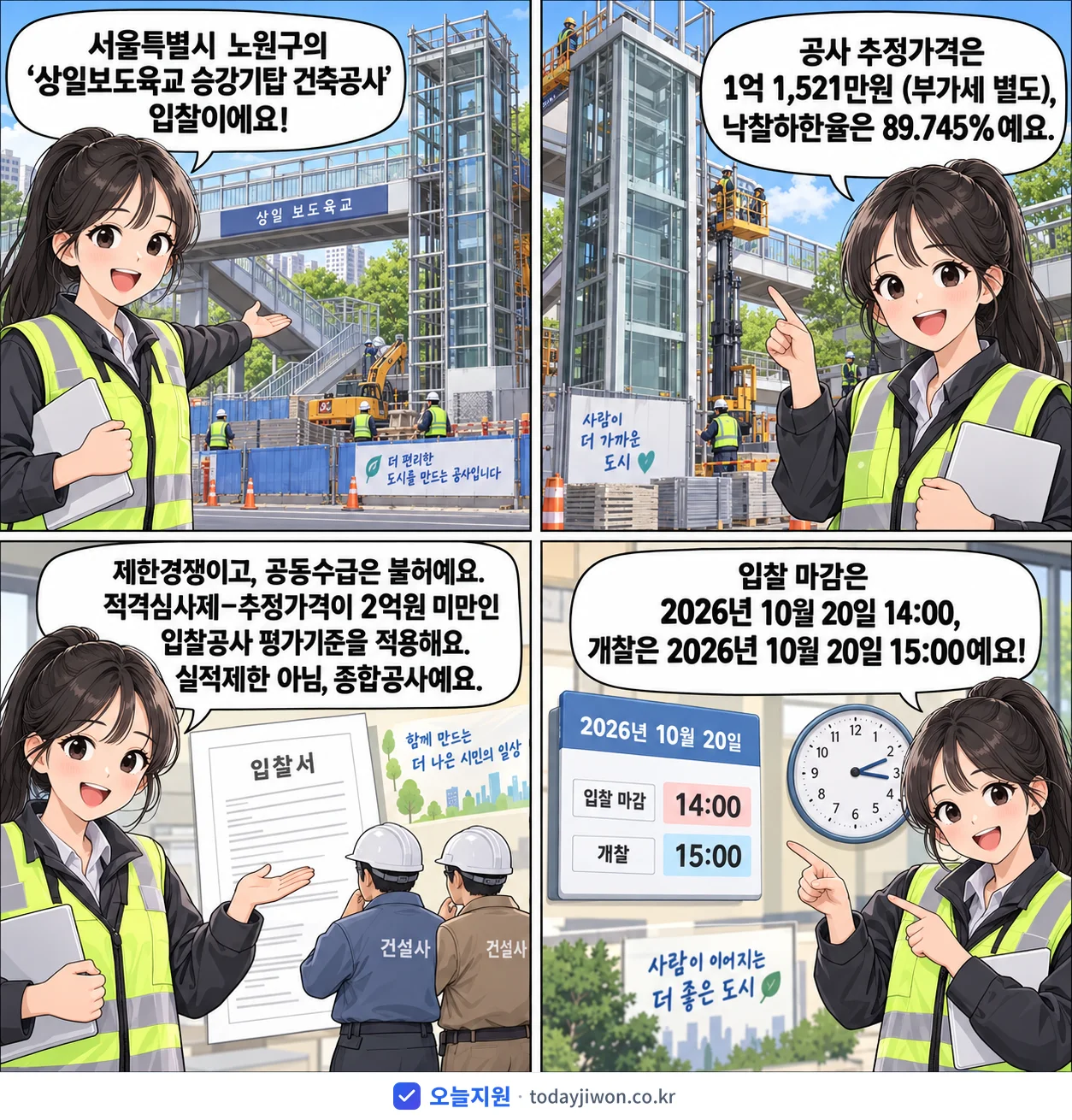 4컷 만화로 보는 공고: 서울특별시 노원구 '상일보도육교 승강기탑 건축공사', 추정가격 1억 1,521만원, 입찰 마감 10/20 14:00