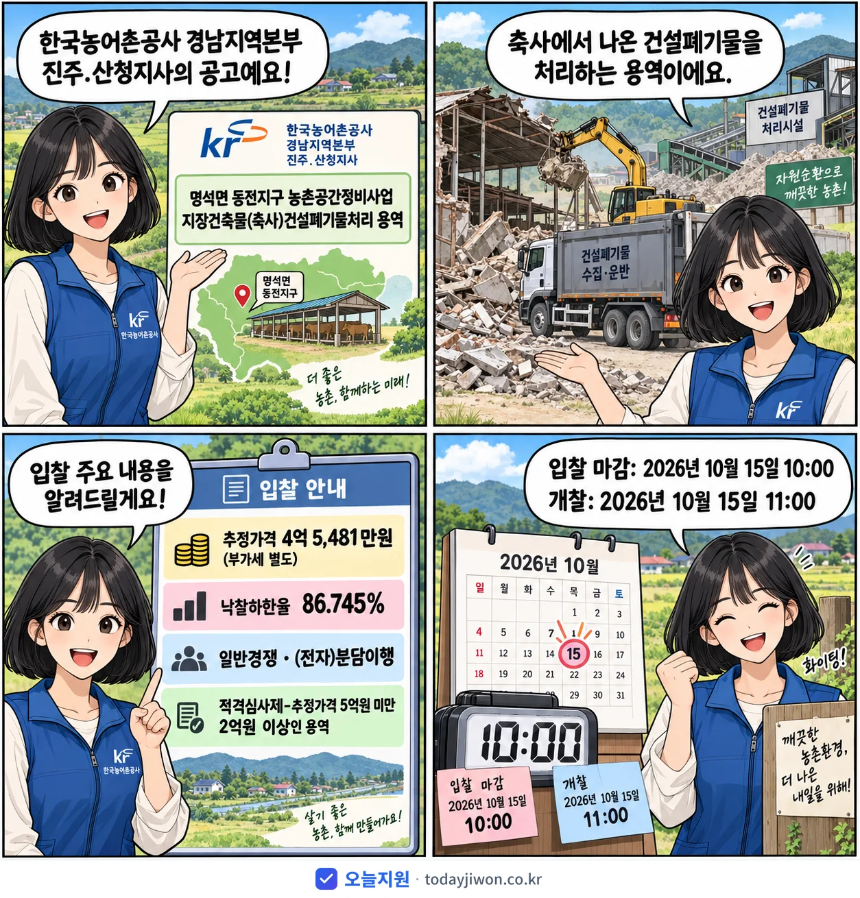 4컷 만화로 보는 공고: 한국농어촌공사 경남지역본부 진주.산청지사 '명석면 동전지구 농촌공간정비사업 지장건축물(축사)건설폐기물처리 용역', 추정가격 4억 5,481만원, 입찰 마감 10/15 10:00