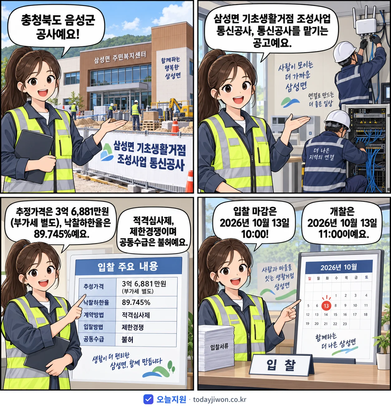 4컷 만화로 보는 공고: 충청북도 음성군 '삼성면 기초생활거점 조성사업 통신공사', 추정가격 3억 6,881만원, 입찰 마감 10/13 10:00
