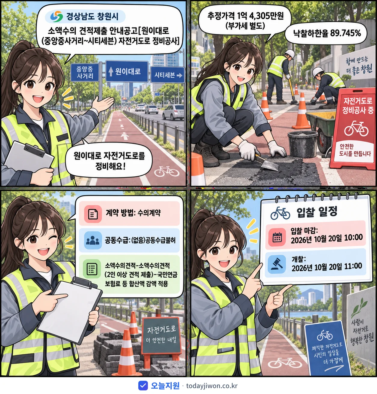 4컷 만화로 보는 공고: 경상남도 창원시 '소액수의 견적제출 안내공고[원이대로(중앙중사거리~시티세븐) 자전거도로…', 추정가격 1억 4,305만원, 입찰 마감 10/20 10:00
