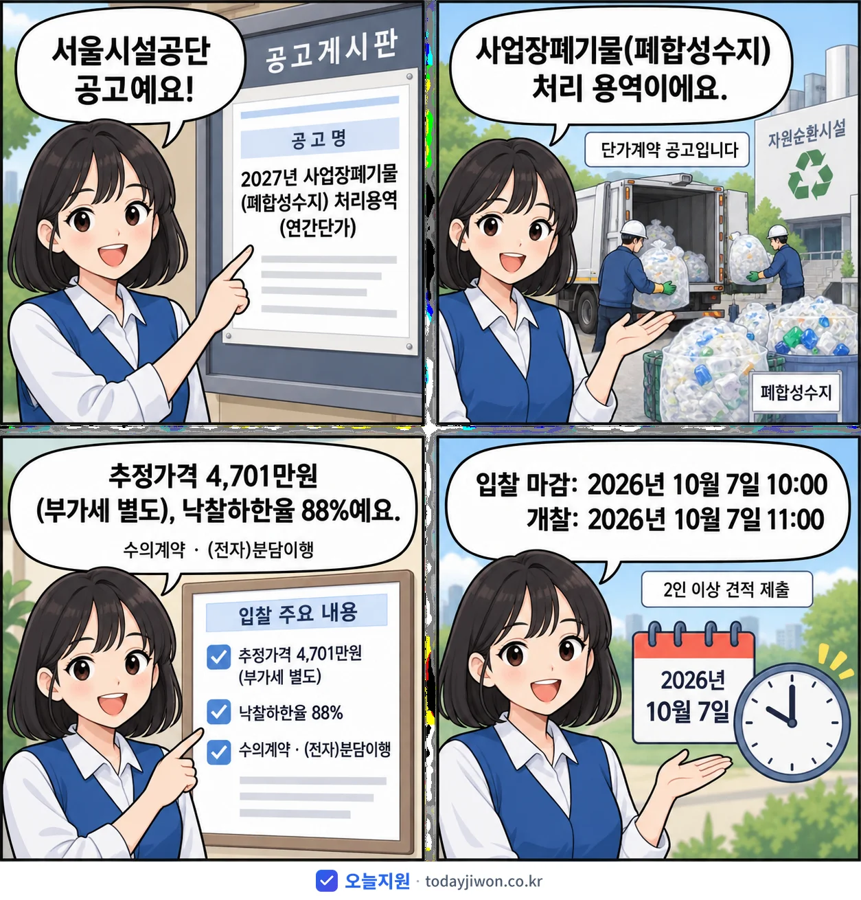 4컷 만화로 보는 공고: 서울시설공단 '사업장폐기물(폐합성수지) 처리용역(연간단가)', 추정가격 4,701만원, 입찰 마감 10/7 10:00