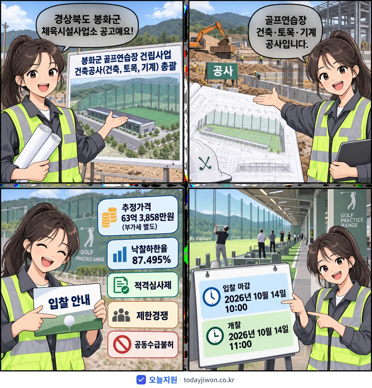 4컷 만화로 보는 공고: 경상북도 봉화군 체육시설사업소 '봉화군 골프연습장 건립사업 건축공사(건축, 토목, 기계) 총괄', 추정가격 63억 3,858만원, 입찰 마감 10/14 10:00