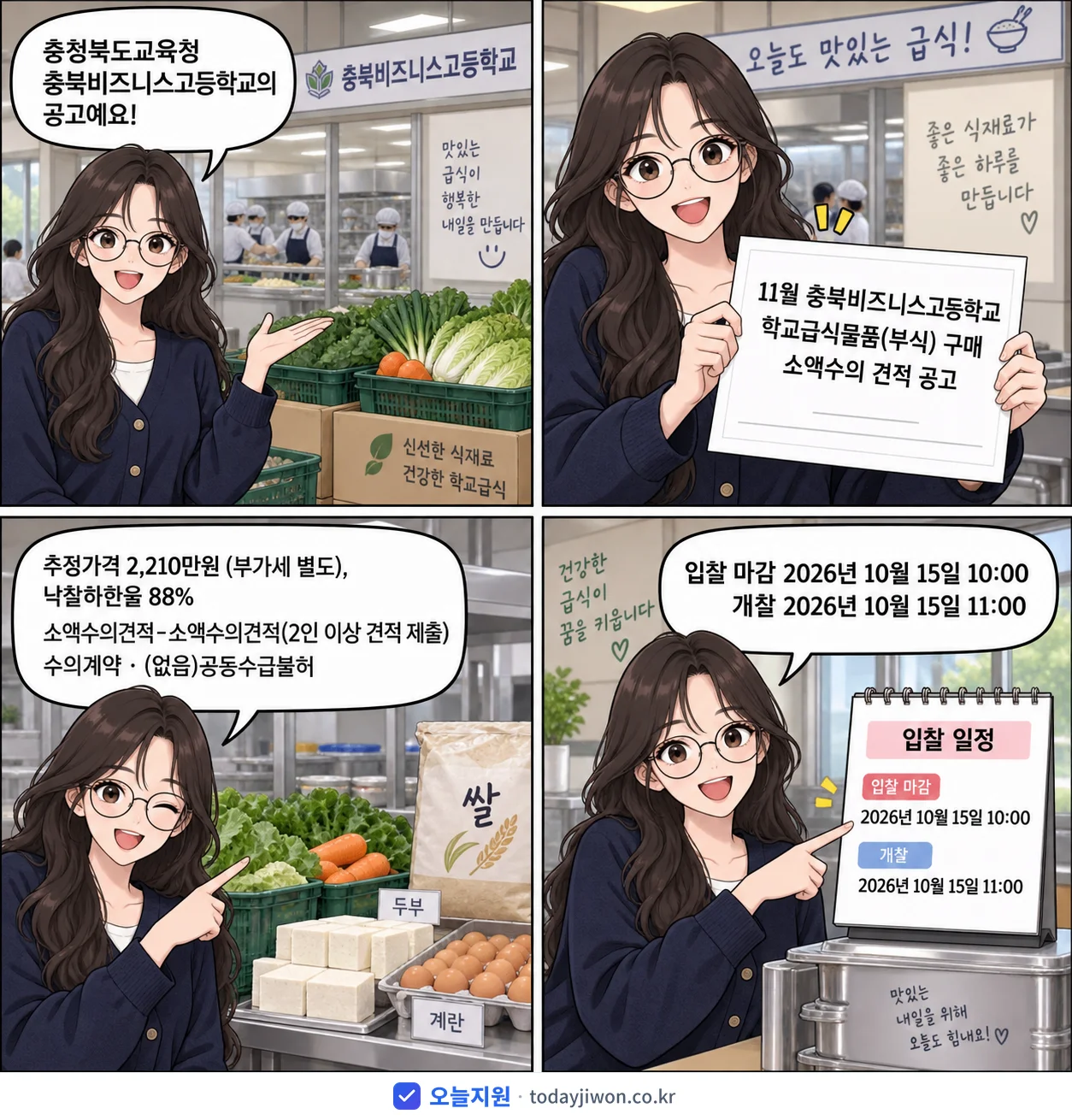 4컷 만화로 보는 공고: 충청북도교육청 충북비즈니스고등학교 '11월 충북비즈니스고등학교 학교급식물품(부식) 구매 소액수의 견적 공고', 추정가격 2,210만원, 입찰 마감 10/15 10:00