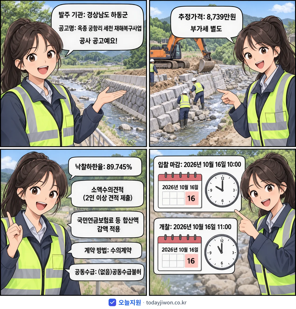 4컷 만화로 보는 공고: 경상남도 하동군 '옥종 궁항리 세천 재해복구사업', 추정가격 8,739만원, 입찰 마감 10/16 10:00