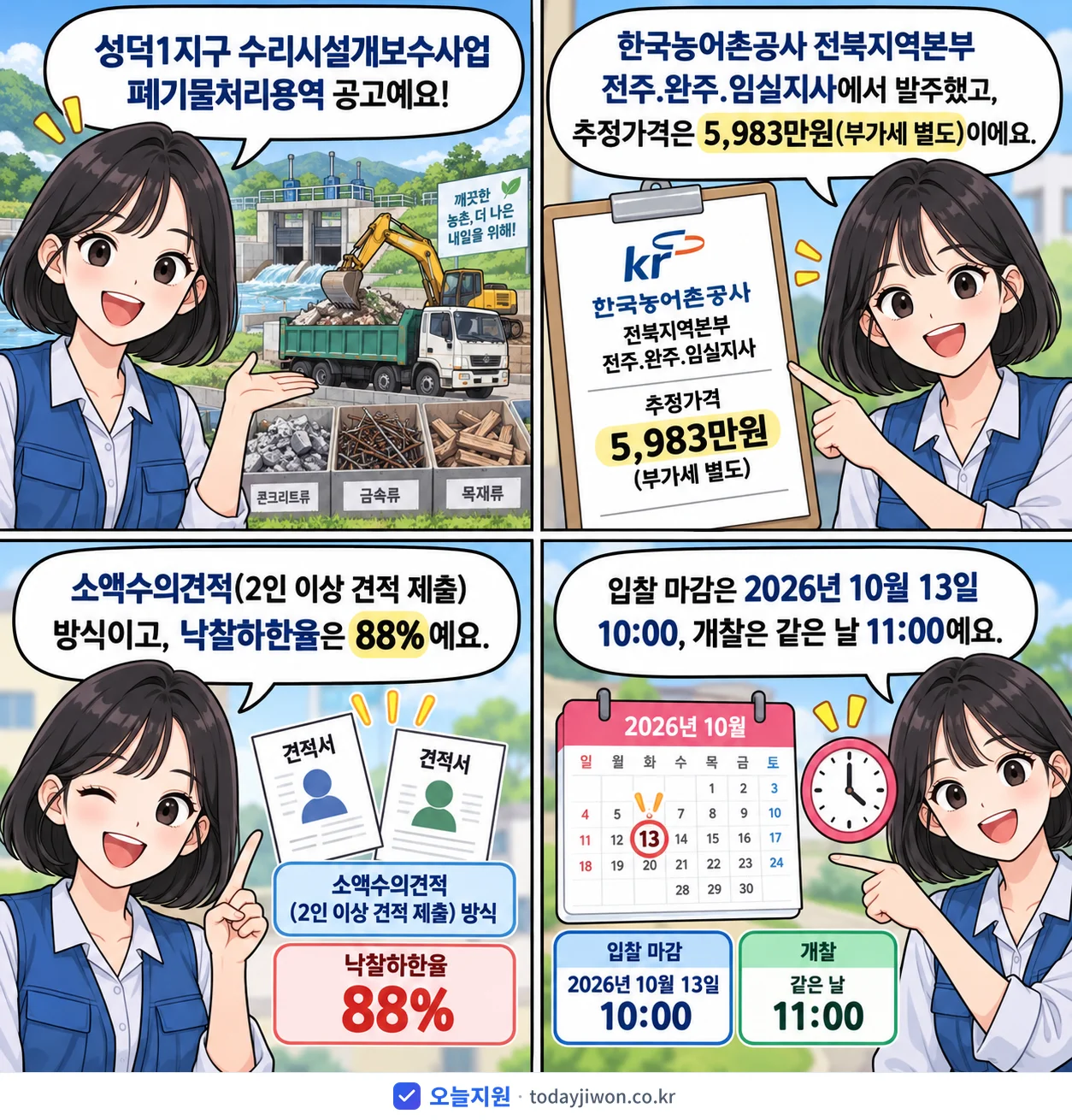 4컷 만화로 보는 공고: 한국농어촌공사 전북지역본부 전주.완주.임실지사 '성덕1지구 수리시설개보수사업 폐기물처리용역', 추정가격 5,983만원, 입찰 마감 10/13 10:00