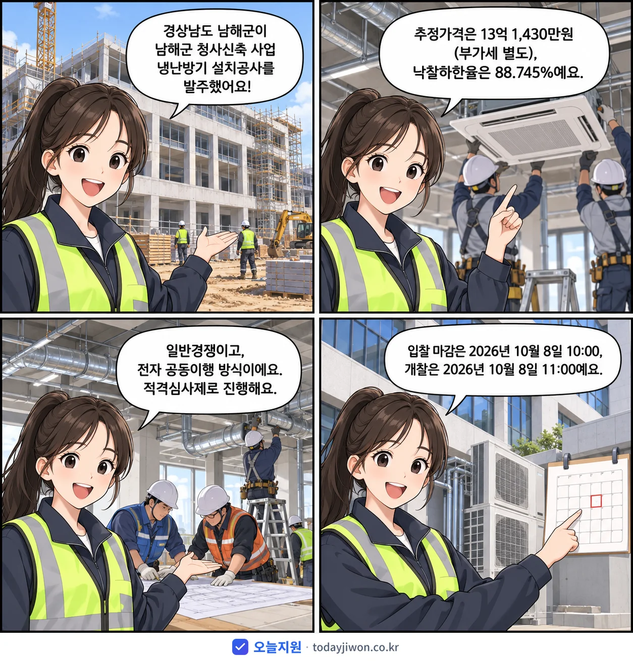 4컷 만화로 보는 공고: 경상남도 남해군 '남해군 청사신축 사업 냉난방기 설치공사', 추정가격 13억 1,430만원, 입찰 마감 10/8 10:00