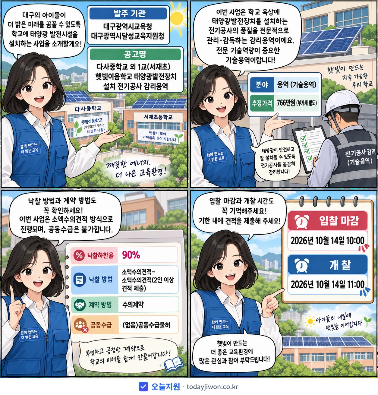 4컷 만화로 보는 공고: 대구광역시교육청 대구광역시달성교육지원청 '다사중학교 외 1교(서재초) 햇빛이음학교 태양광발전장치 설치 전기공사…', 추정가격 766만원, 입찰 마감 10/14 10:00