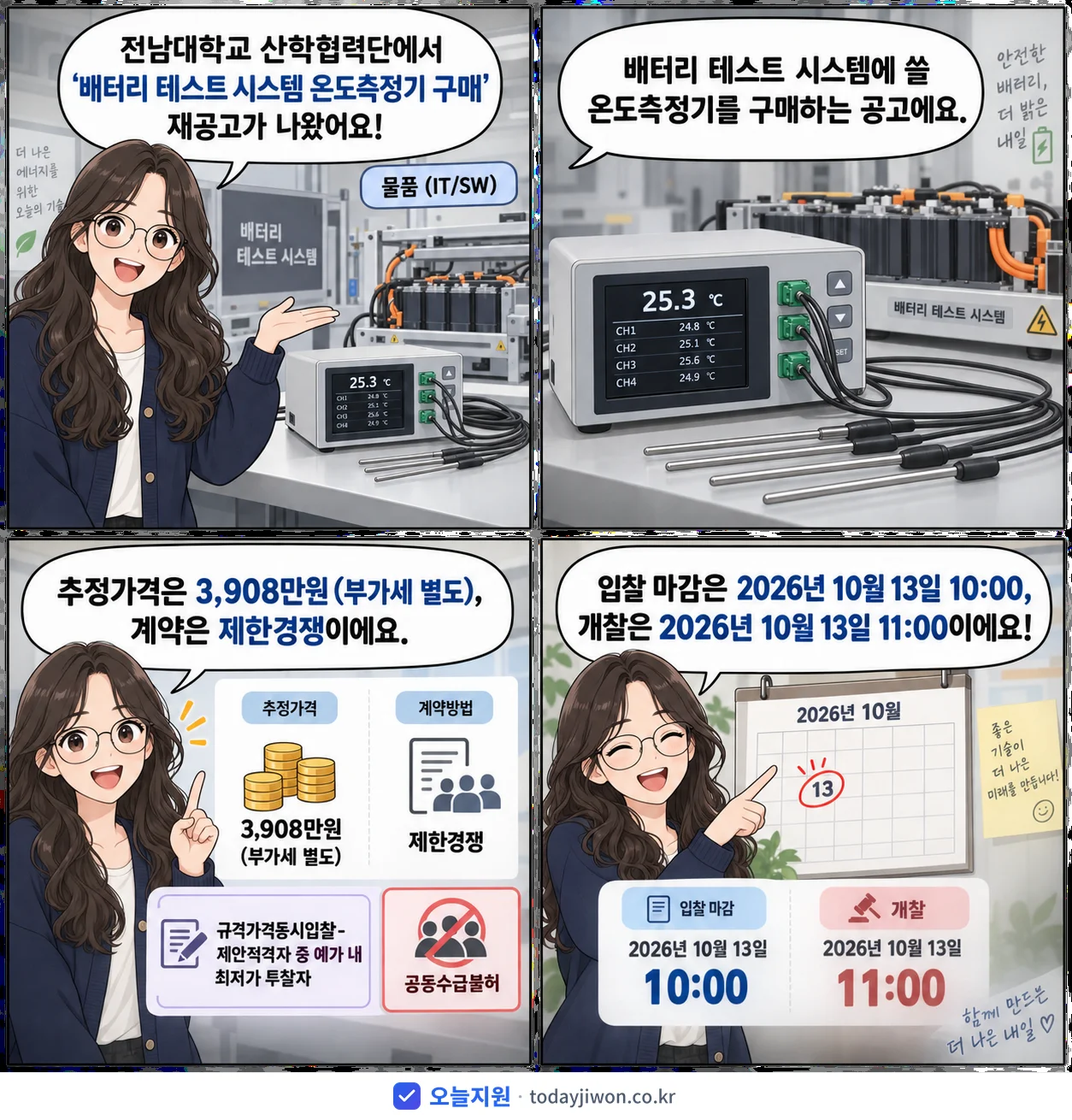 4컷 만화로 보는 공고: 전남대학교 산학협력단 '배터리 테스트 시스템 온도측정기 구매', 추정가격 3,908만원, 입찰 마감 10/13 10:00