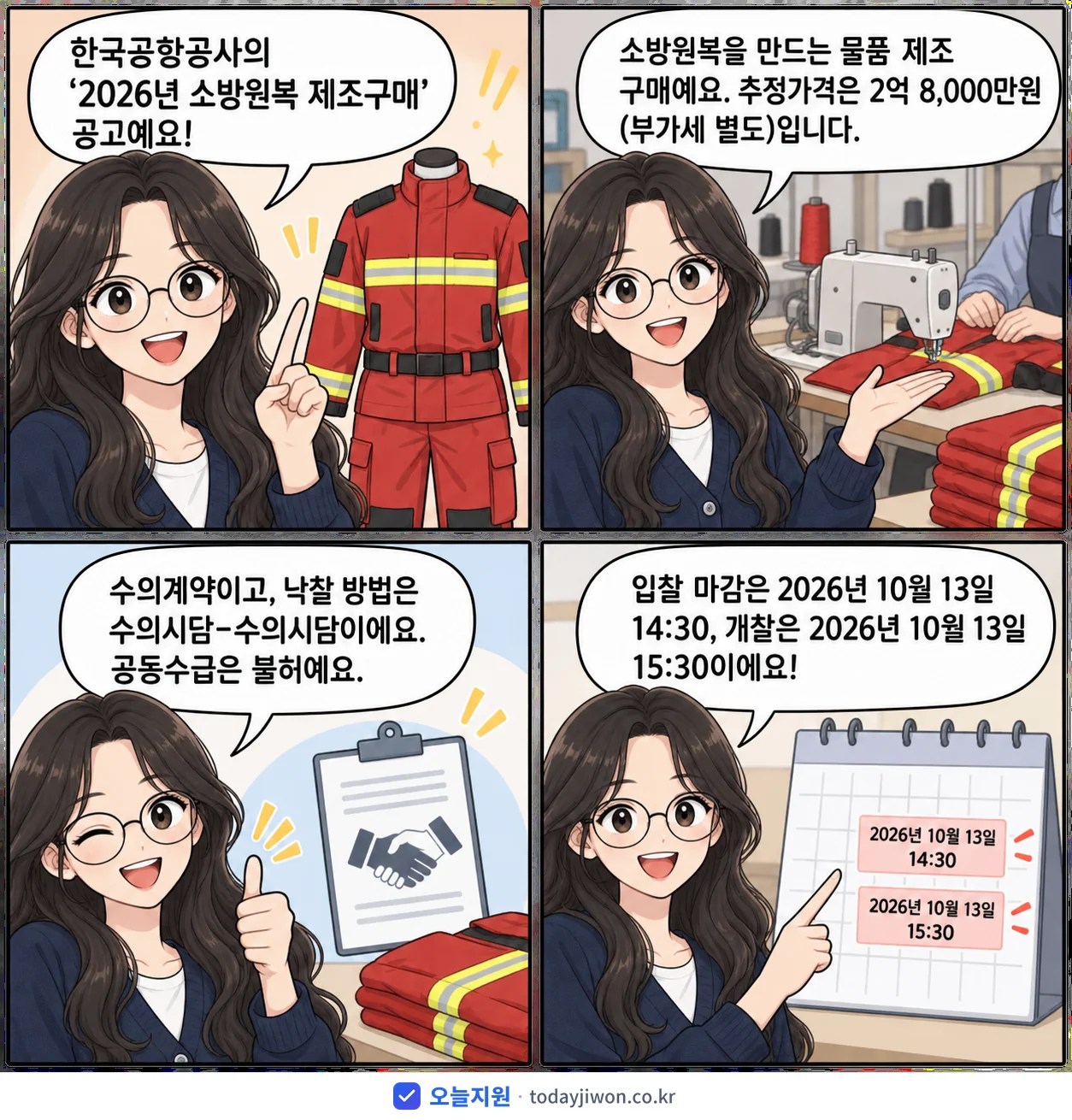 4컷 만화로 보는 공고: 한국공항공사 '소방원복 제조구매', 추정가격 2억 8,000만원, 입찰 마감 10/13 14:30