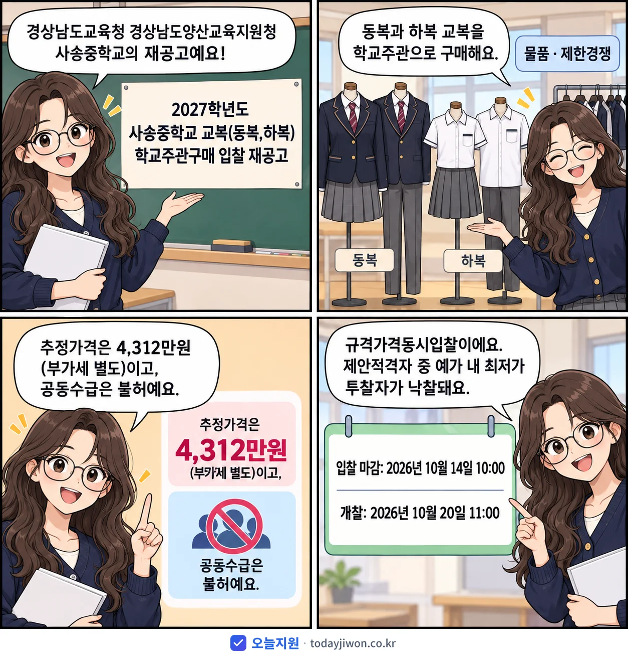 4컷 만화로 보는 공고: 경상남도교육청 경상남도양산교육지원청 사송중학교 '학년도 사송중학교 교복(동복,하복) 학교주관구매 입찰 재공고', 추정가격 4,312만원, 입찰 마감 10/14 10:00