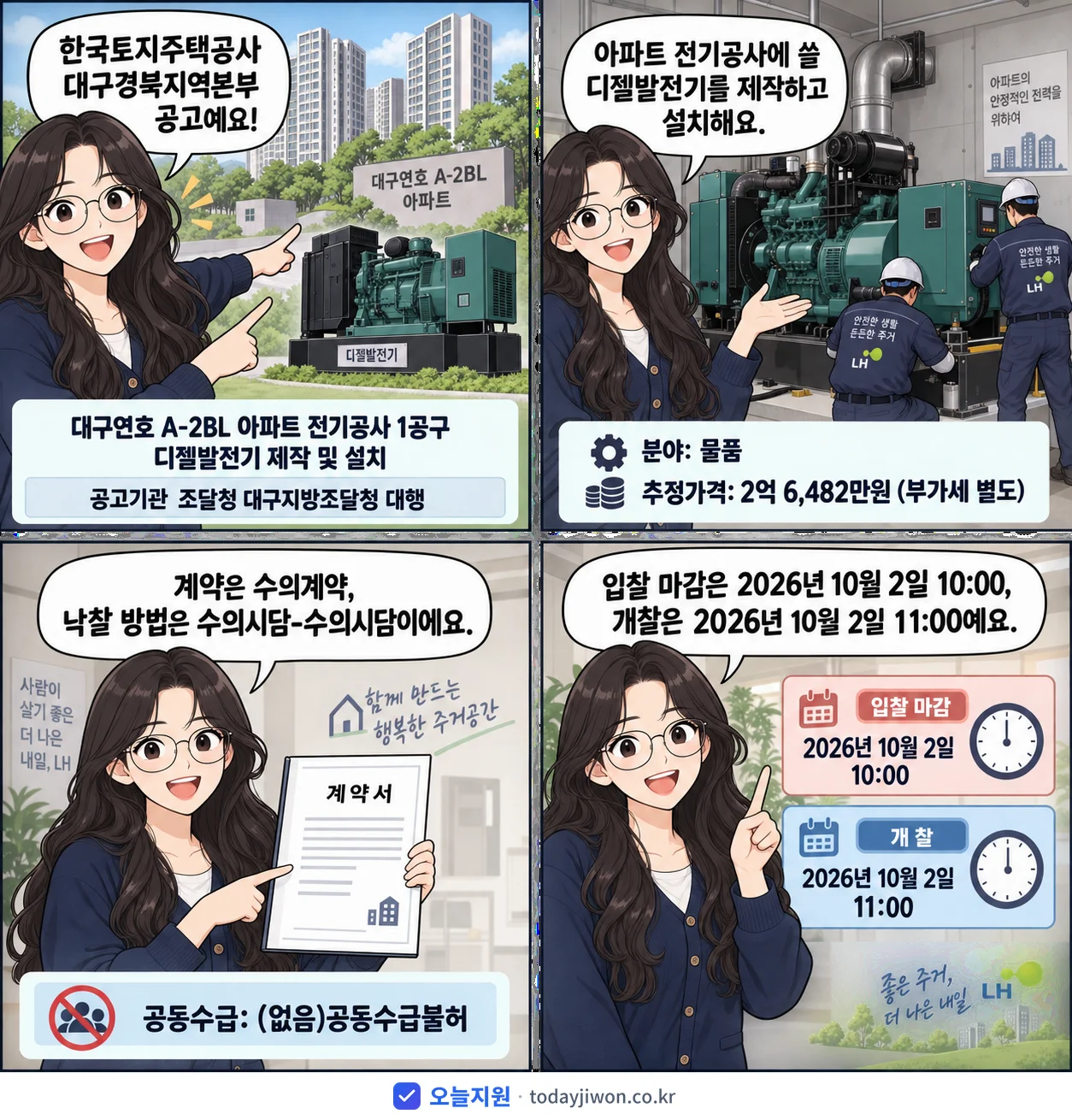 4컷 만화로 보는 공고: 한국토지주택공사 대구경북지역본부 '대구연호 A-2BL 아파트 전기공사 1공구 디젤발전기 제작 및 설치', 추정가격 2억 6,482만원, 입찰 마감 10/2 10:00