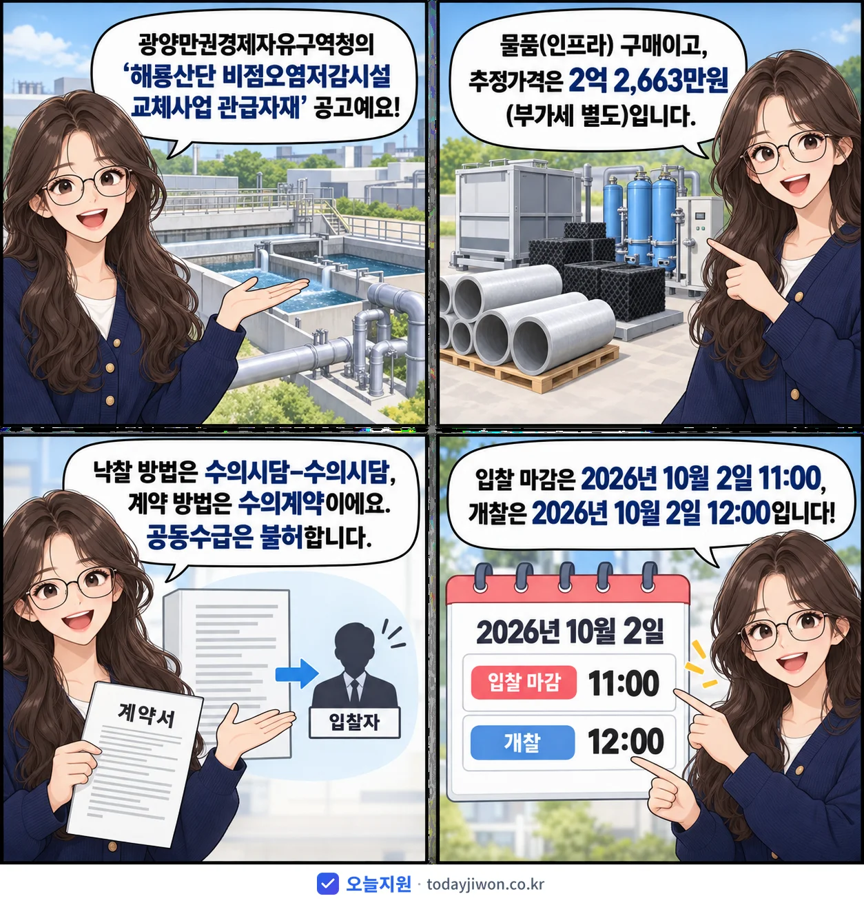 4컷 만화로 보는 공고: 광양만권경제자유구역청 '해룡산단 비점오염저감시설 교체사업 관급자재', 추정가격 2억 2,663만원, 입찰 마감 10/2 11:00