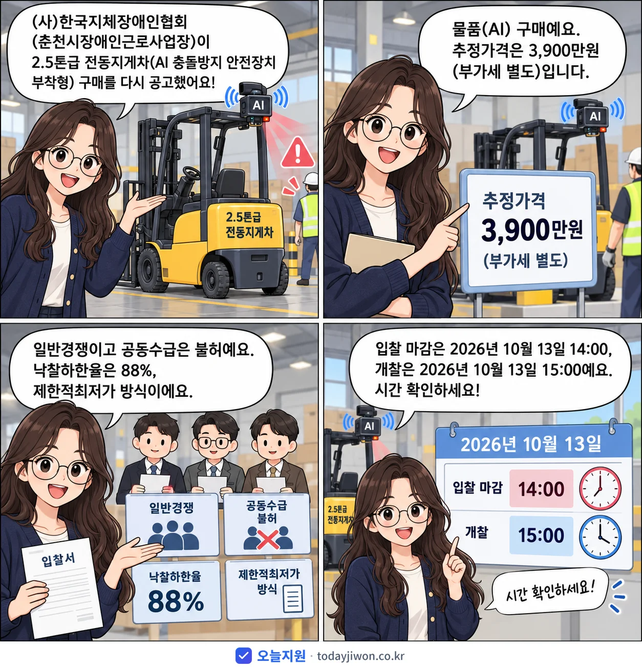 4컷 만화로 보는 공고: (사)한국지체장애인협회 (춘천시장애인근로사업장) '2.5톤급 전동지게차(AI 충돌방지 안전장치 부착형) 구매', 추정가격 3,900만원, 입찰 마감 10/13 14:00