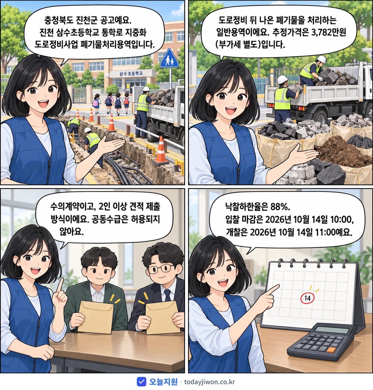4컷 만화로 보는 공고: 충청북도 진천군 '진천 삼수초등학교 통학로 지중화 도로정비사업 폐기물처리용역에 따른 소액…', 추정가격 3,782만원, 입찰 마감 10/14 10:00