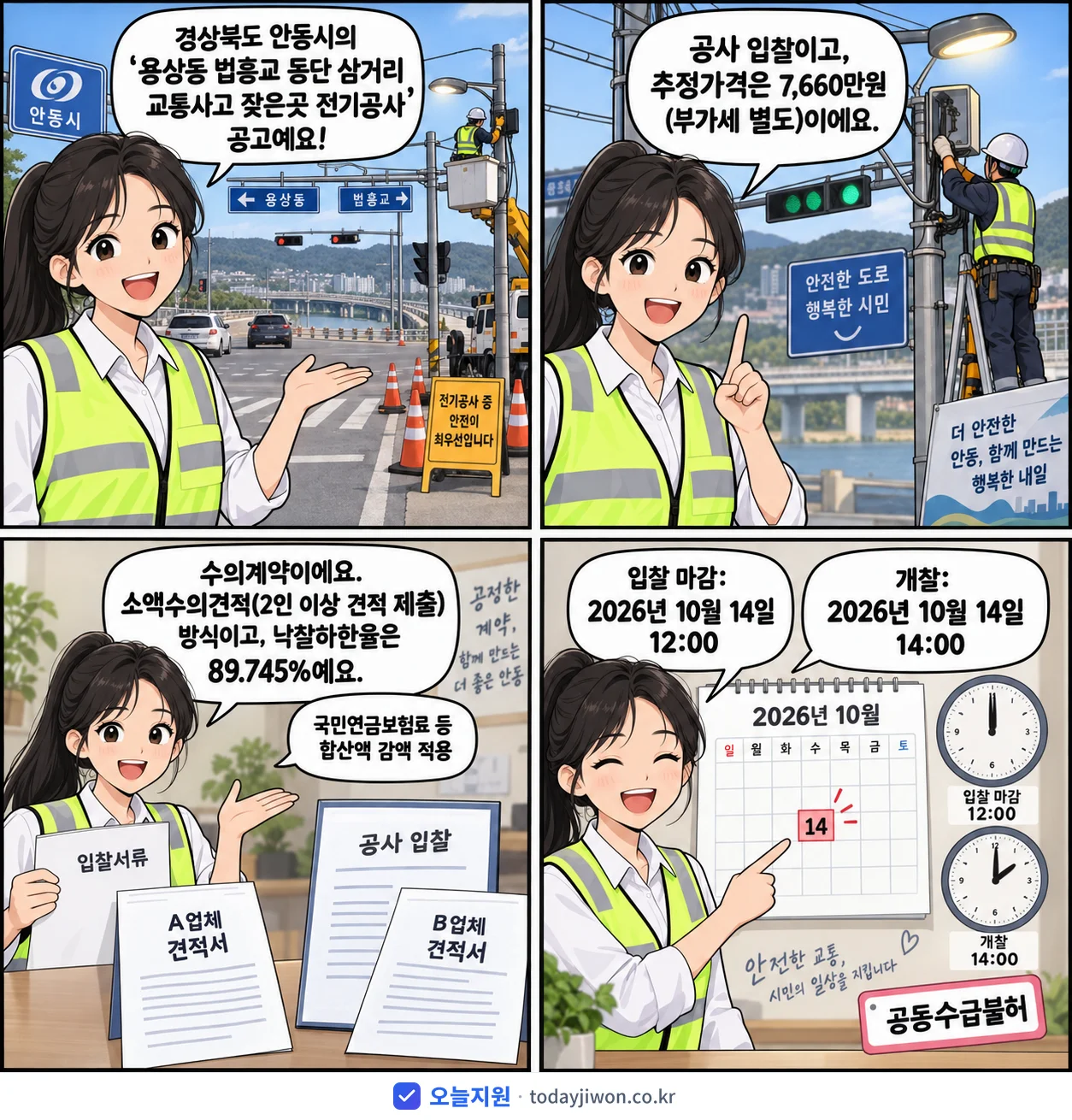 4컷 만화로 보는 공고: 경상북도 안동시 '용상동 법흥교 동단 삼거리 교통사고 잦은곳 전기공사', 추정가격 7,660만원, 입찰 마감 10/14 12:00