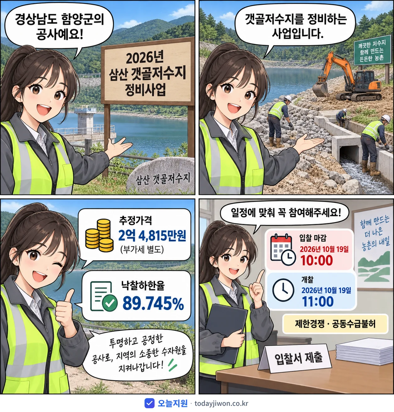 4컷 만화로 보는 공고: 경상남도 함양군 '삼산 갯골저수지 정비사업', 추정가격 2억 4,815만원, 입찰 마감 10/19 10:00