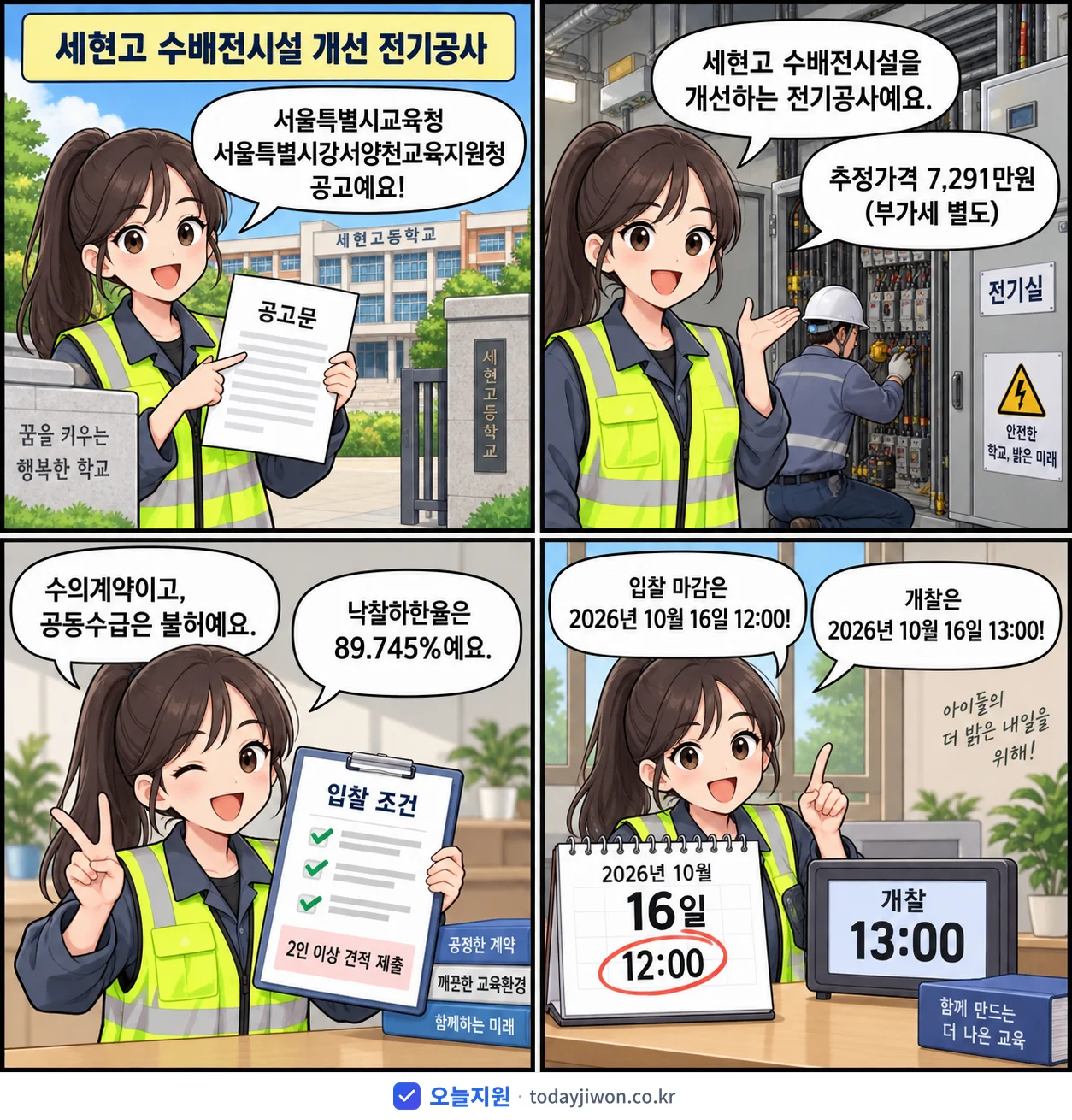 4컷 만화로 보는 공고: 서울특별시교육청 서울특별시강서양천교육지원청 '세현고 수배전시설 개선 전기공사', 추정가격 7,291만원, 입찰 마감 10/16 12:00