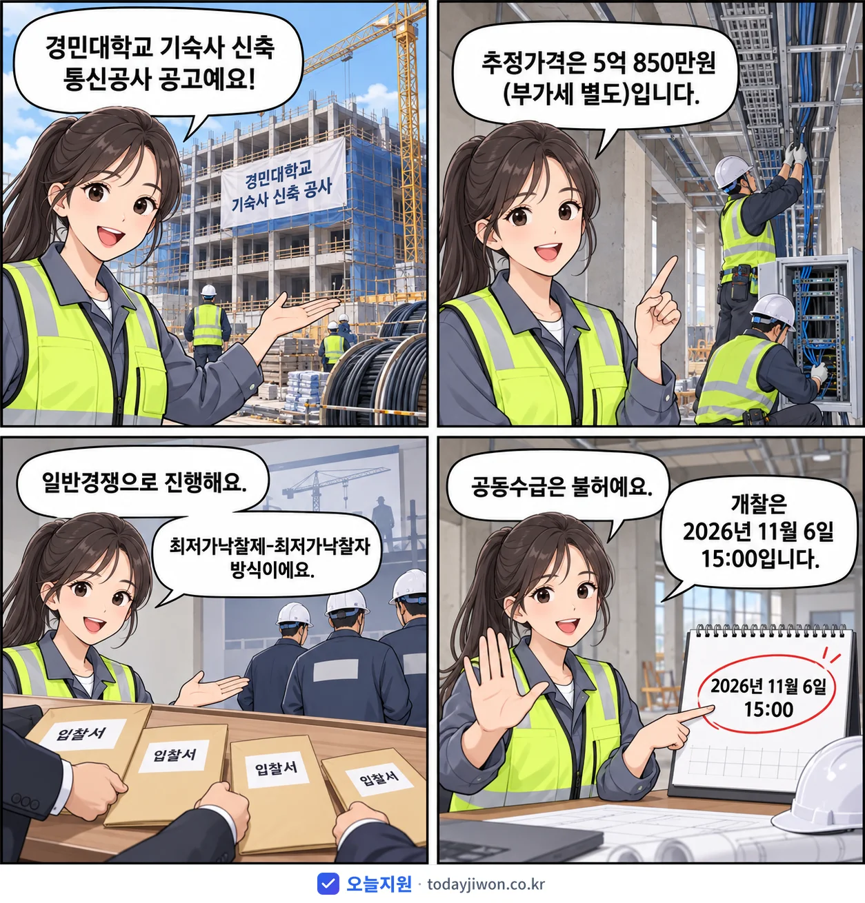 4컷 만화로 보는 공고: 경민대학교 '기숙사 신축 통신공사', 추정가격 5억 850만원