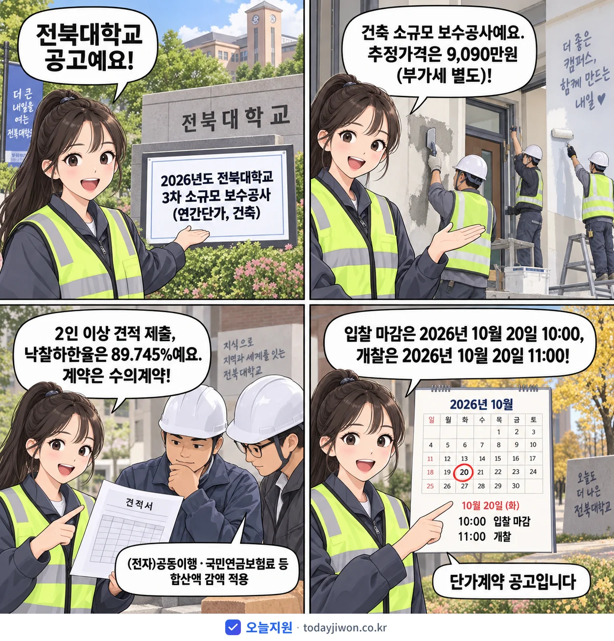 4컷 만화로 보는 공고: 전북대학교 '전북대학교 3차 소규모 보수공사(연간단가, 건축)', 추정가격 9,090만원, 입찰 마감 10/20 10:00