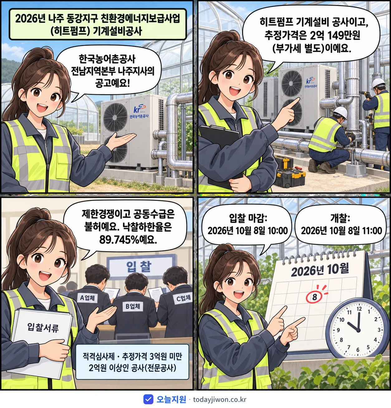 4컷 만화로 보는 공고: 한국농어촌공사 전남지역본부 나주지사 '나주 동강지구 친환경에너지보급사업(히트펌프) 기계설비공사', 추정가격 2억 149만원, 입찰 마감 10/8 10:00