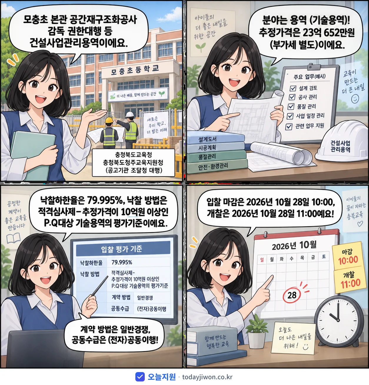 4컷 만화로 보는 공고: 충청북도교육청 충청북도청주교육지원청 '모충초 본관 공간재구조화공사 감독 권한대행 등 건설사업관리용역', 추정가격 23억 652만원, 입찰 마감 10/28 10:00
