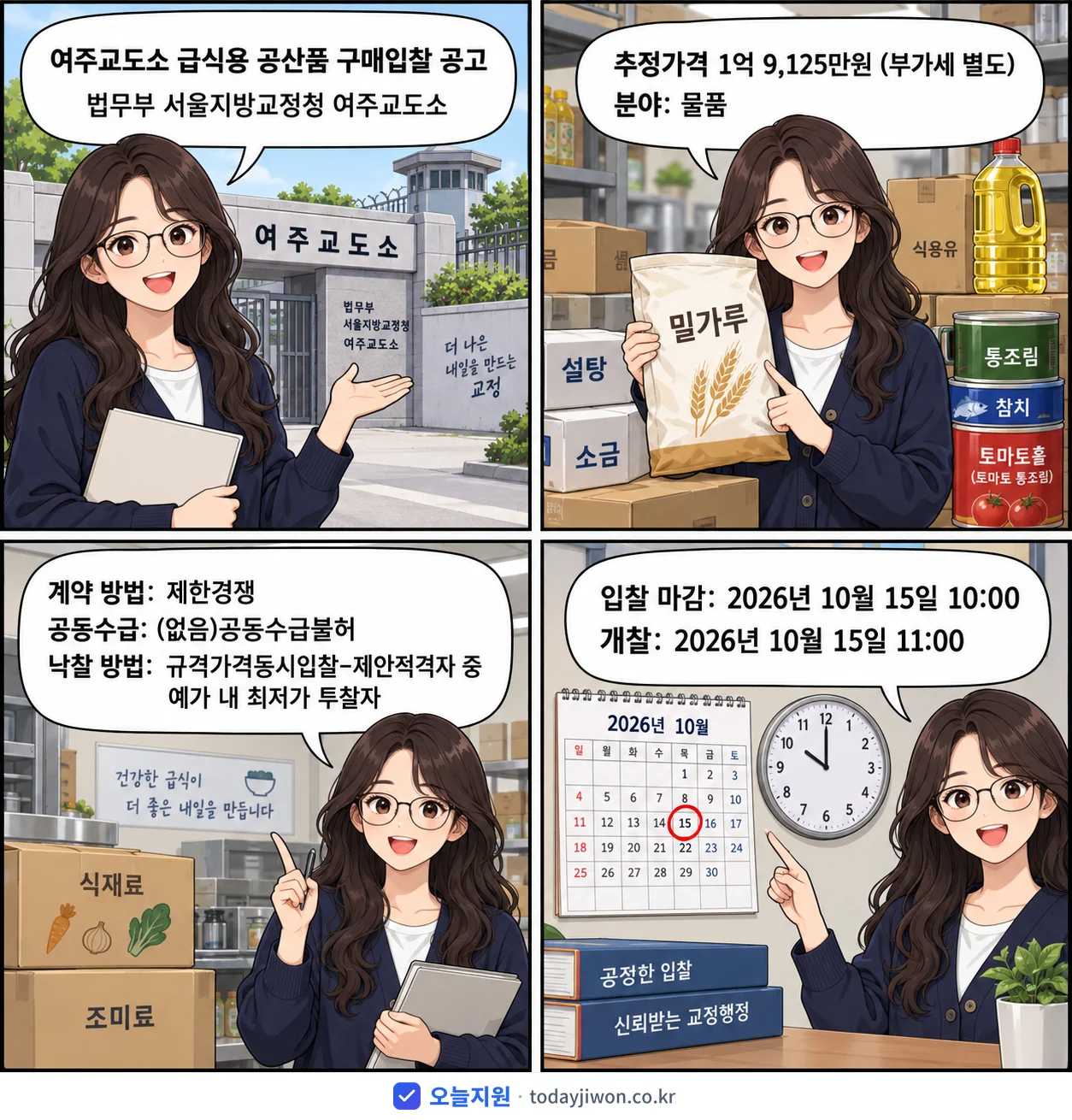4컷 만화로 보는 공고: 법무부 서울지방교정청 여주교도소 '여주교도소 급식용 공산품 구매입찰 공고', 추정가격 1억 9,125만원, 입찰 마감 10/15 10:00