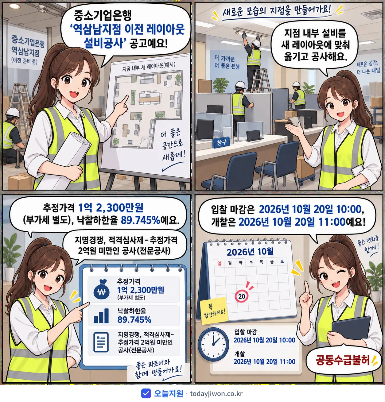 4컷 만화로 보는 공고: 중소기업은행 '역삼남지점 이전 레이아웃 설비공사', 추정가격 1억 2,300만원, 입찰 마감 10/20 10:00