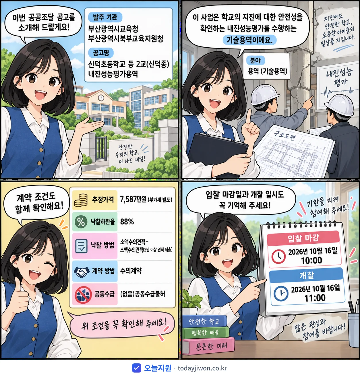 4컷 만화로 보는 공고: 부산광역시교육청 부산광역시북부교육지원청 '신덕초등학교 등 2교(신덕중) 내진성능평가용역', 추정가격 7,587만원, 입찰 마감 10/16 10:00