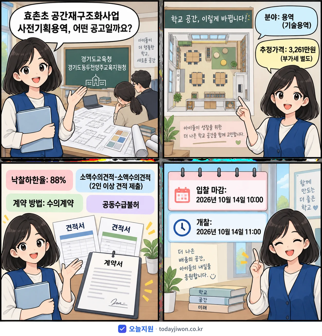 4컷 만화로 보는 공고: 경기도교육청 경기도동두천양주교육지원청 '효촌초 공간재구조화사업 사전기획용역', 추정가격 3,261만원, 입찰 마감 10/14 10:00