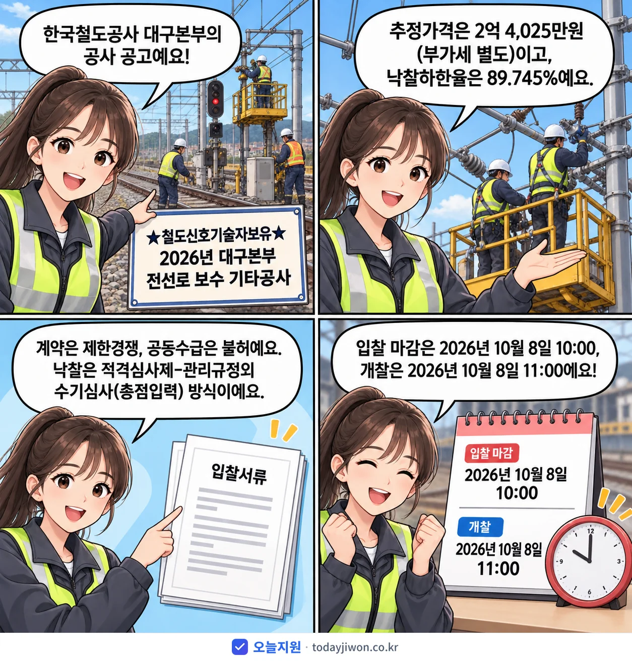 4컷 만화로 보는 공고: 한국철도공사 대구본부 '★철도신호기술자보유★2026년 대구본부 전선로 보수 기타공사', 추정가격 2억 4,025만원, 입찰 마감 10/8 10:00