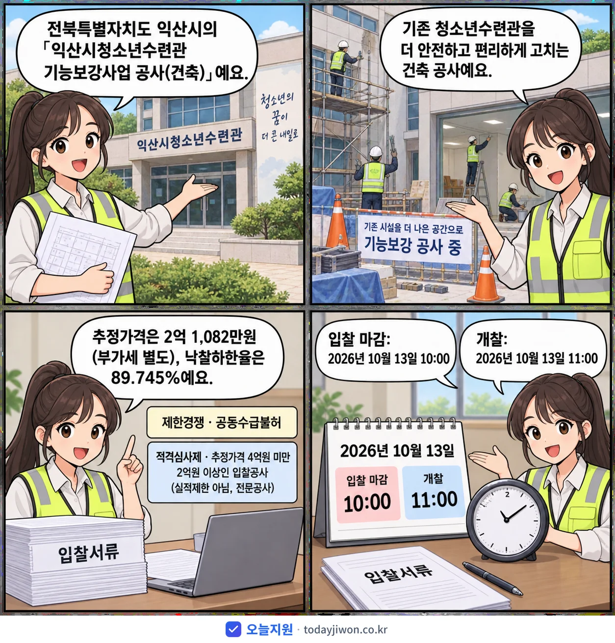 4컷 만화로 보는 공고: 전북특별자치도 익산시 '익산시청소년수련관 기능보강사업 공사(건축)', 추정가격 2억 1,082만원, 입찰 마감 10/13 10:00