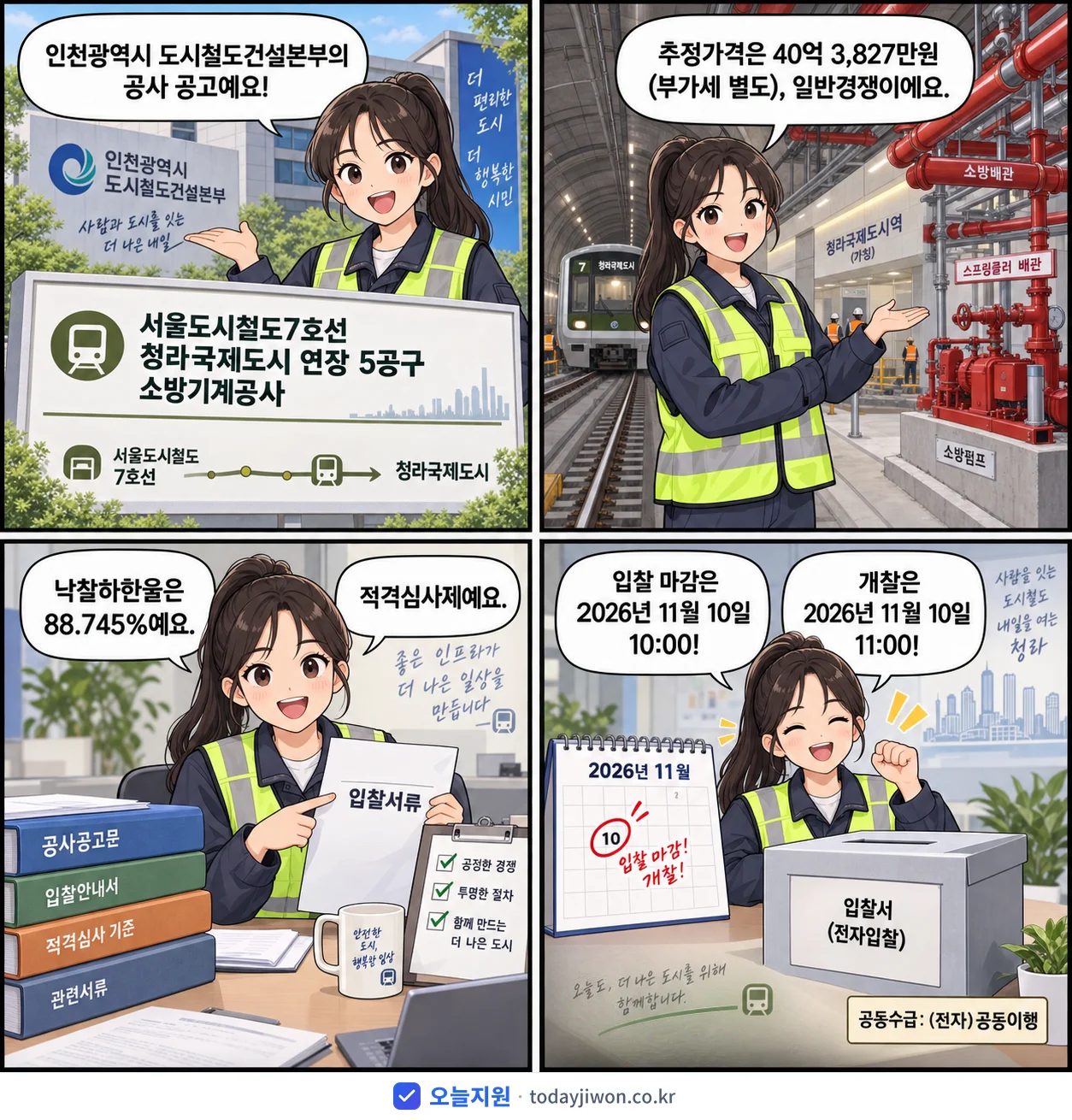 4컷 만화로 보는 공고: 인천광역시 도시철도건설본부 '서울도시철도7호선 청라국제도시 연장 5공구 소방기계공사', 추정가격 40억 3,827만원, 입찰 마감 11/10 10:00