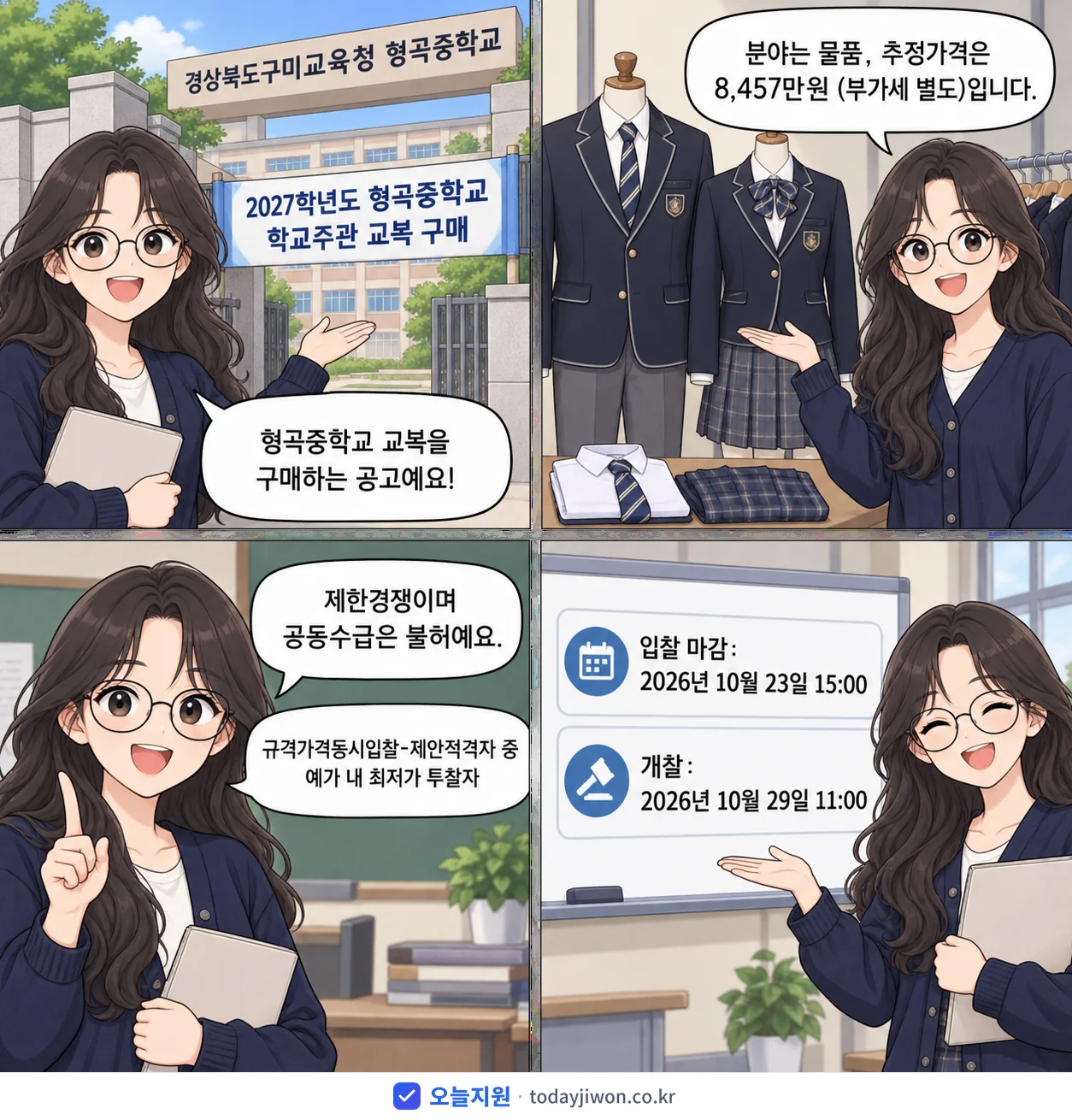 4컷 만화로 보는 공고: 경상북도구미교육청 형곡중학교 '학년도 형곡중학교 학교주관 교복 구매', 추정가격 8,457만원, 입찰 마감 10/23 15:00