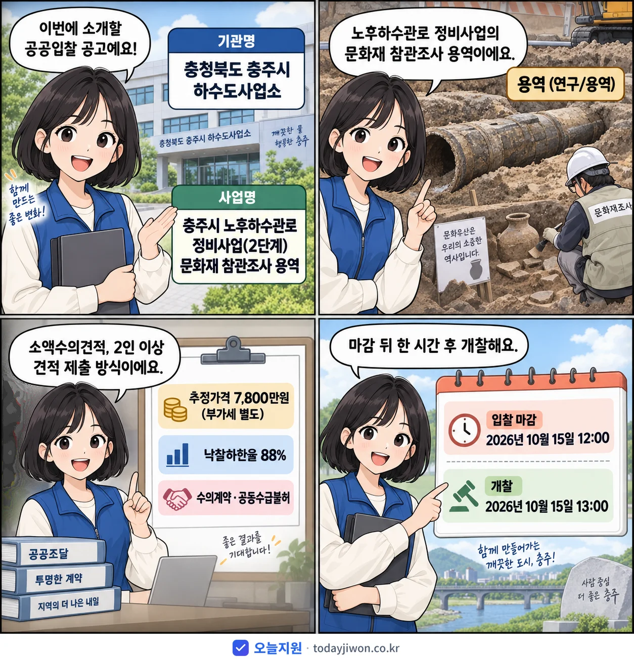 4컷 만화로 보는 공고: 충청북도 충주시 하수도사업소 '충주시 노후하수관로 정비사업(2단계) 문화재 참관조사 용역', 추정가격 7,800만원, 입찰 마감 10/15 12:00