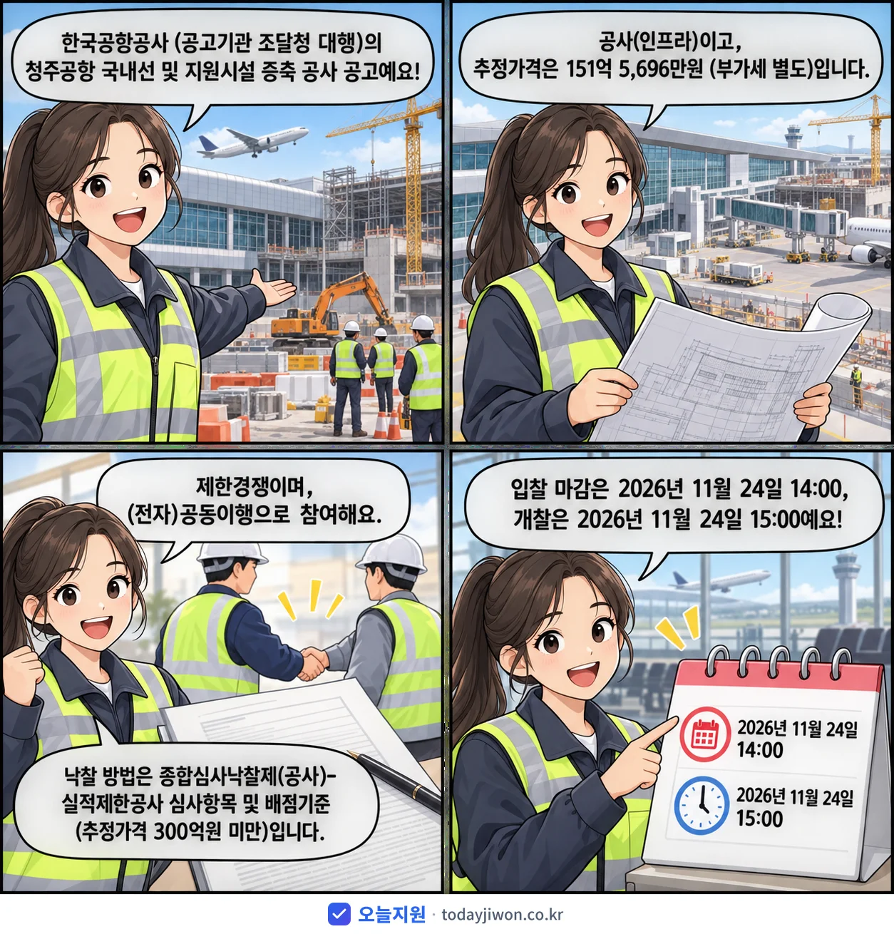4컷 만화로 보는 공고: 한국공항공사 '청주공항 국내선 및 지원시설 증축 공사', 추정가격 151억 5,696만원, 입찰 마감 11/24 14:00