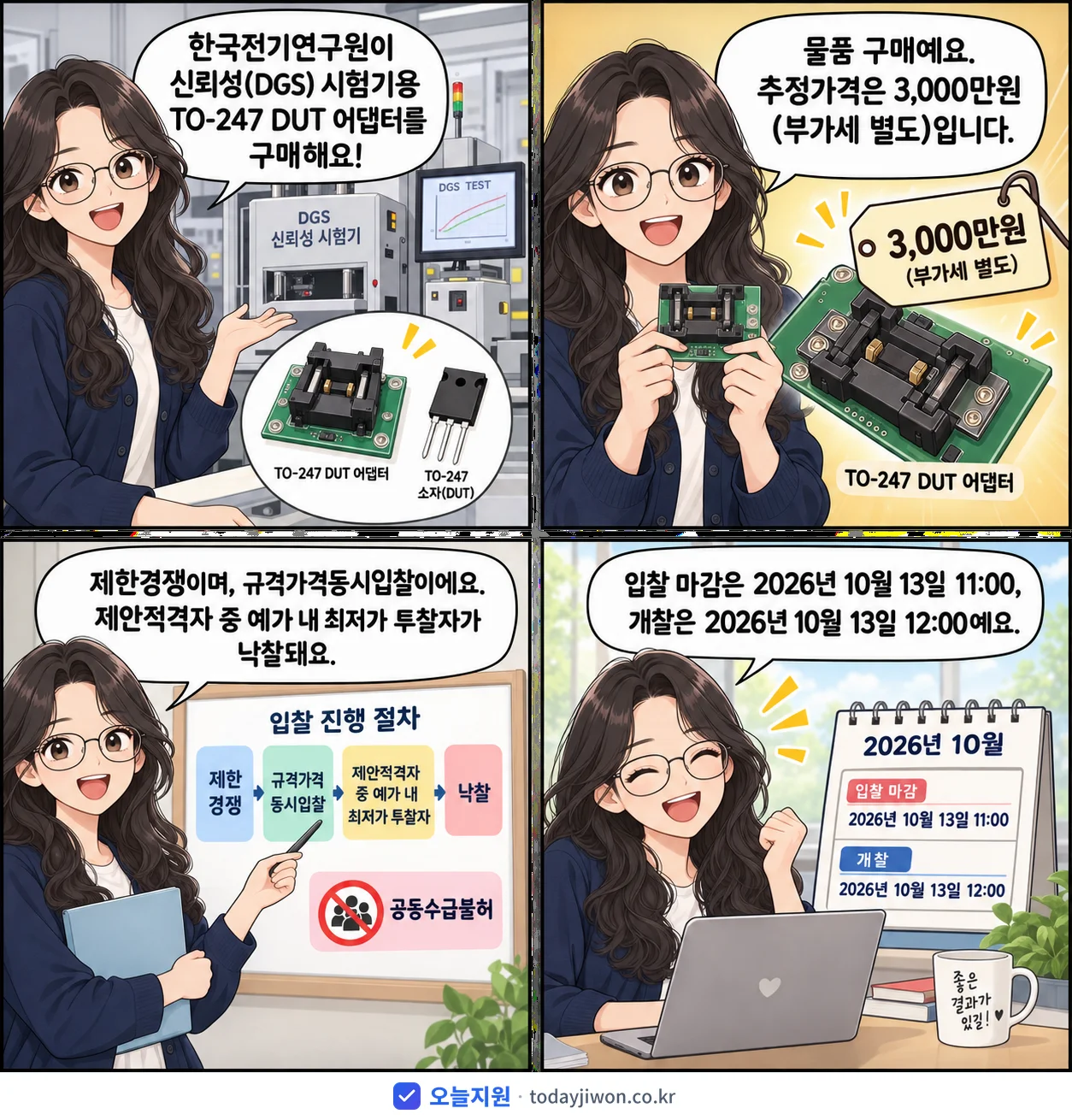 4컷 만화로 보는 공고: 한국전기연구원 '신뢰성(DGS) 시험기용 TO-247 DUT 어댑터 구매', 추정가격 3,000만원, 입찰 마감 10/13 11:00