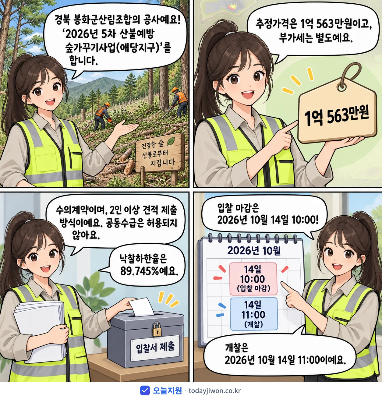 4컷 만화로 보는 공고: 경북 봉화군산림조합 '5차 산불예방 숲가꾸기사업(애당지구)', 추정가격 1억 563만원, 입찰 마감 10/14 10:00