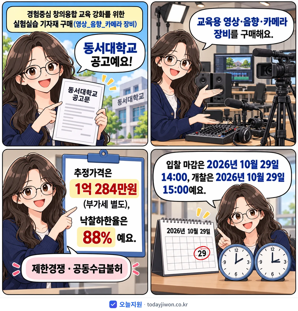 4컷 만화로 보는 공고: 동서대학교 '경험중심 창의융합 교육 강화를 위한 실험실습 기자재 구매(영상_음향_카…', 추정가격 1억 284만원, 입찰 마감 10/29 14:00