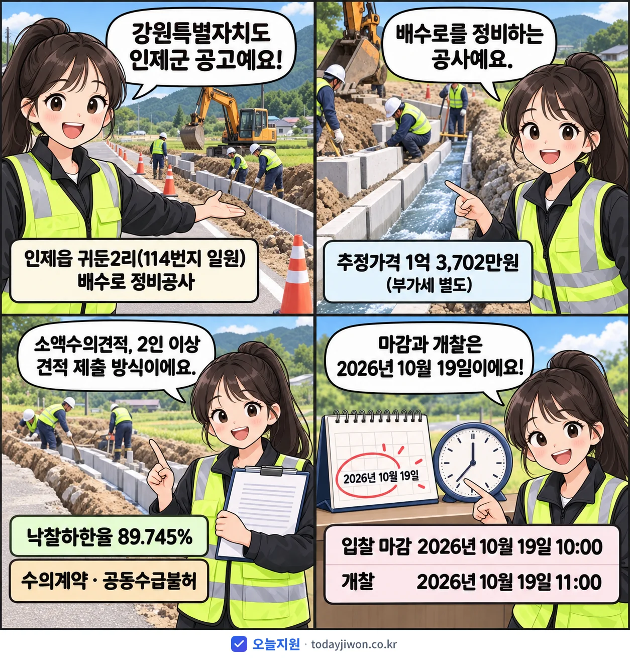 4컷 만화로 보는 공고: 강원특별자치도 인제군 '인제읍 귀둔2리(114번지 일원) 배수로 정비공사', 추정가격 1억 3,702만원, 입찰 마감 10/19 10:00
