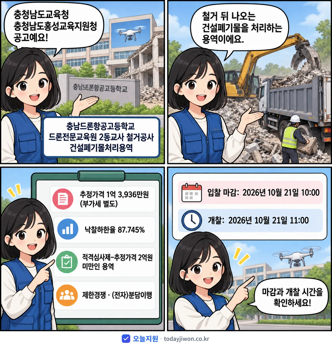 4컷 만화로 보는 공고: 충청남도교육청 충청남도홍성교육지원청 '충남드론항공고등학교 드론전문교욱원 2동교사 철거공사 건설폐기물처리용역', 추정가격 1억 3,936만원, 입찰 마감 10/21 10:00