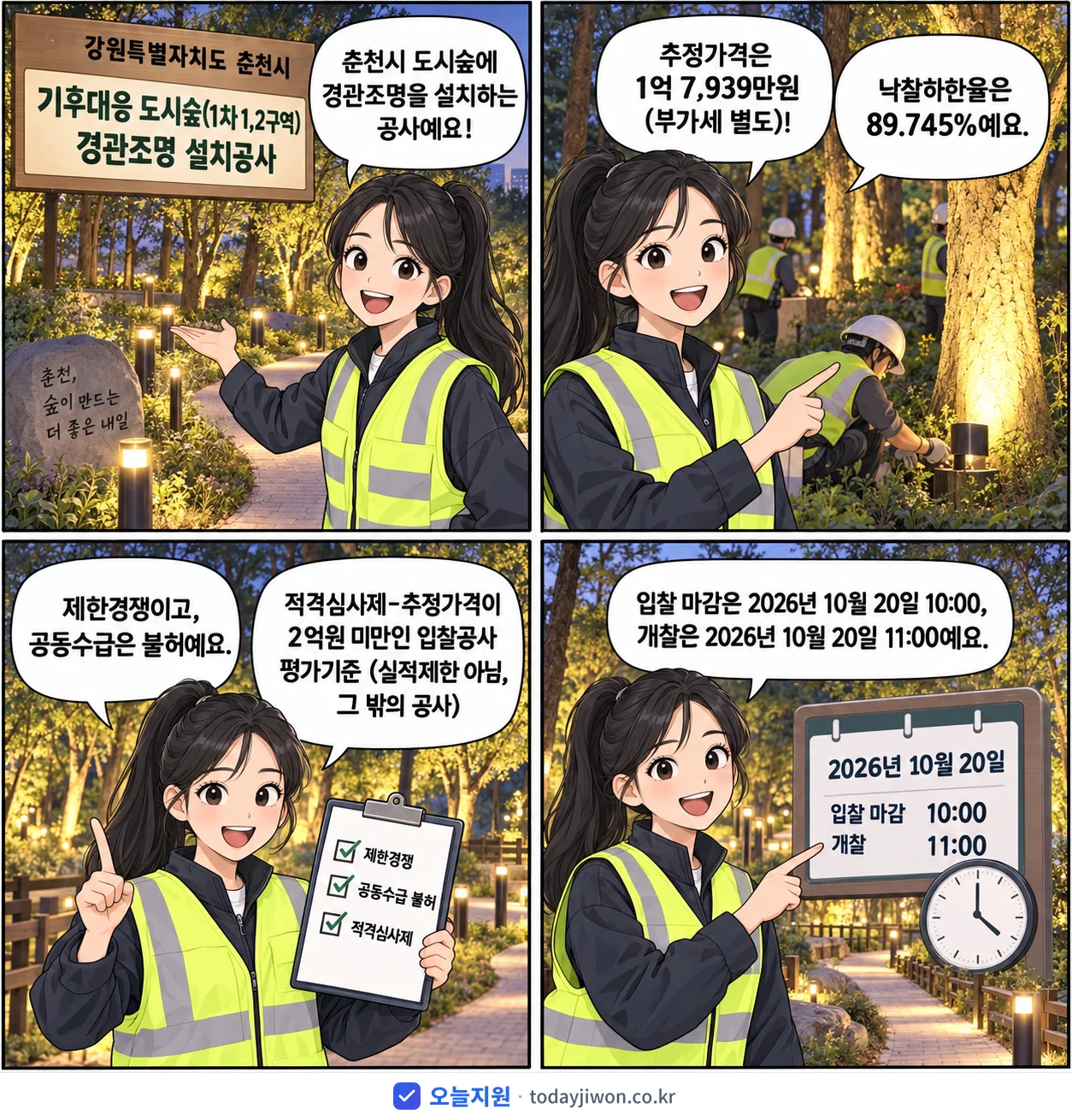 4컷 만화로 보는 공고: 강원특별자치도 춘천시 '기후대응 도시숲(1차 1,2구역) 경관조명 설치공사', 추정가격 1억 7,939만원, 입찰 마감 10/20 10:00