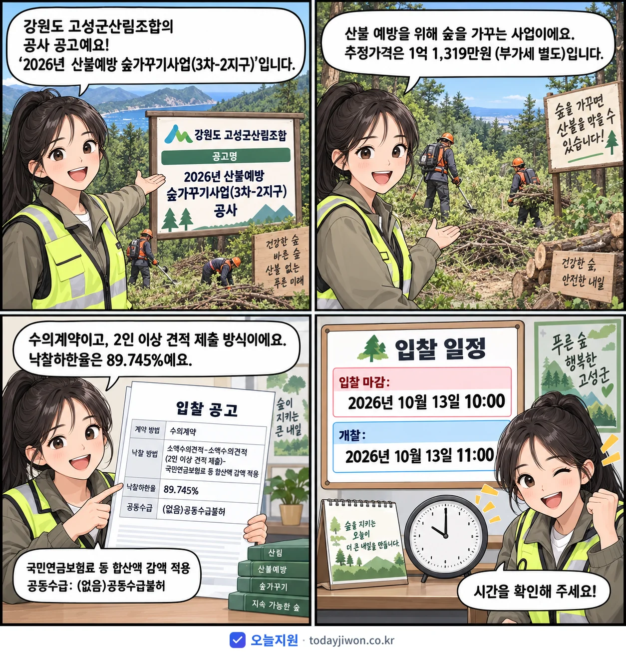 4컷 만화로 보는 공고: 강원도 고성군산림조합 '산불예방 숲가꾸기사업(3차-2지구)', 추정가격 1억 1,319만원, 입찰 마감 10/13 10:00