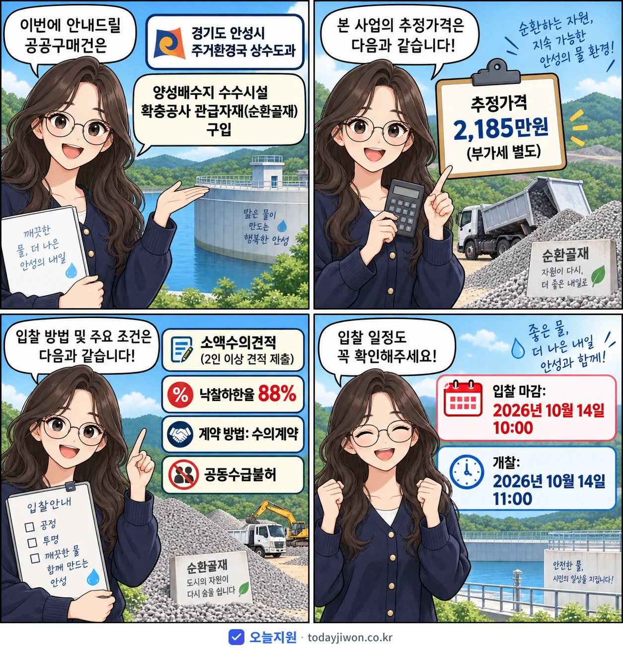 4컷 만화로 보는 공고: 경기도 안성시 주거환경국 상수도과 '양성배수지 수수시설 확충공사 관급자재(순환골재) 구입', 추정가격 2,185만원, 입찰 마감 10/14 10:00