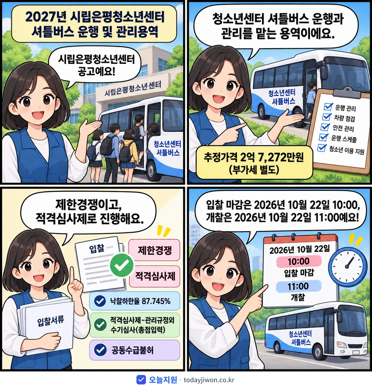 4컷 만화로 보는 공고: 시립은평청소년센터 '시립은평청소년센터 셔틀버스 운행 및 관리용역', 추정가격 2억 7,272만원, 입찰 마감 10/22 10:00