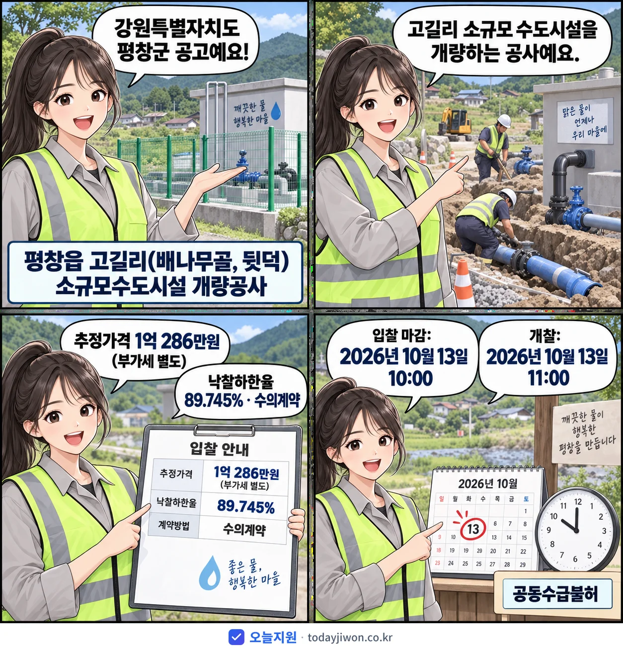 4컷 만화로 보는 공고: 강원특별자치도 평창군 '평창읍 고길리(배나무골, 뒷덕) 소규모수도시설 개량공사', 추정가격 1억 286만원, 입찰 마감 10/13 10:00